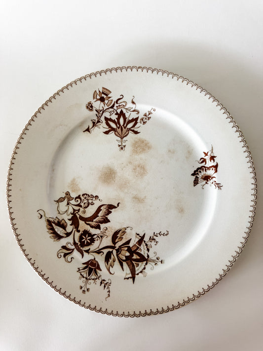 Vintage Opaque de Sarreguemines Dinner Plate With Brown Floral Design