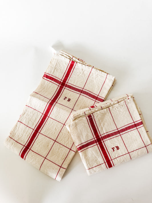 Vintage French Tea Towels (red plaid with FB monogram - sold individually)
