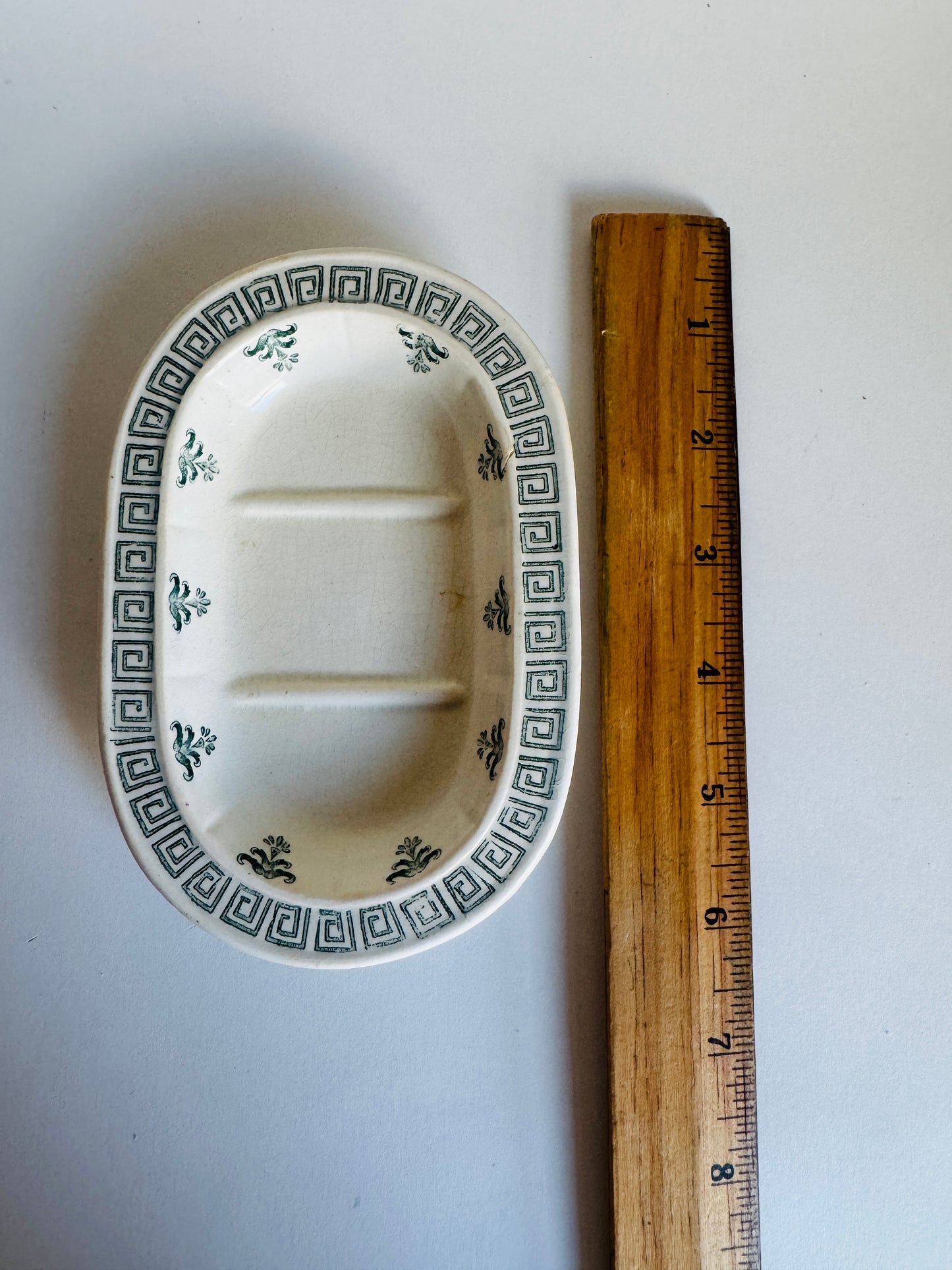 Vintage French Ironstone Divided Soap Dish with Greek Key Border (does not include soap)