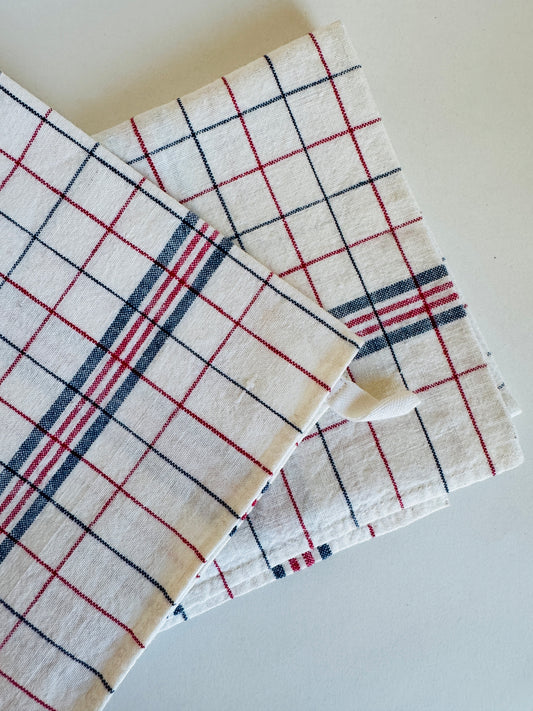 Vintage French Towels with Red and Navy Windowpane Check (set of 2)