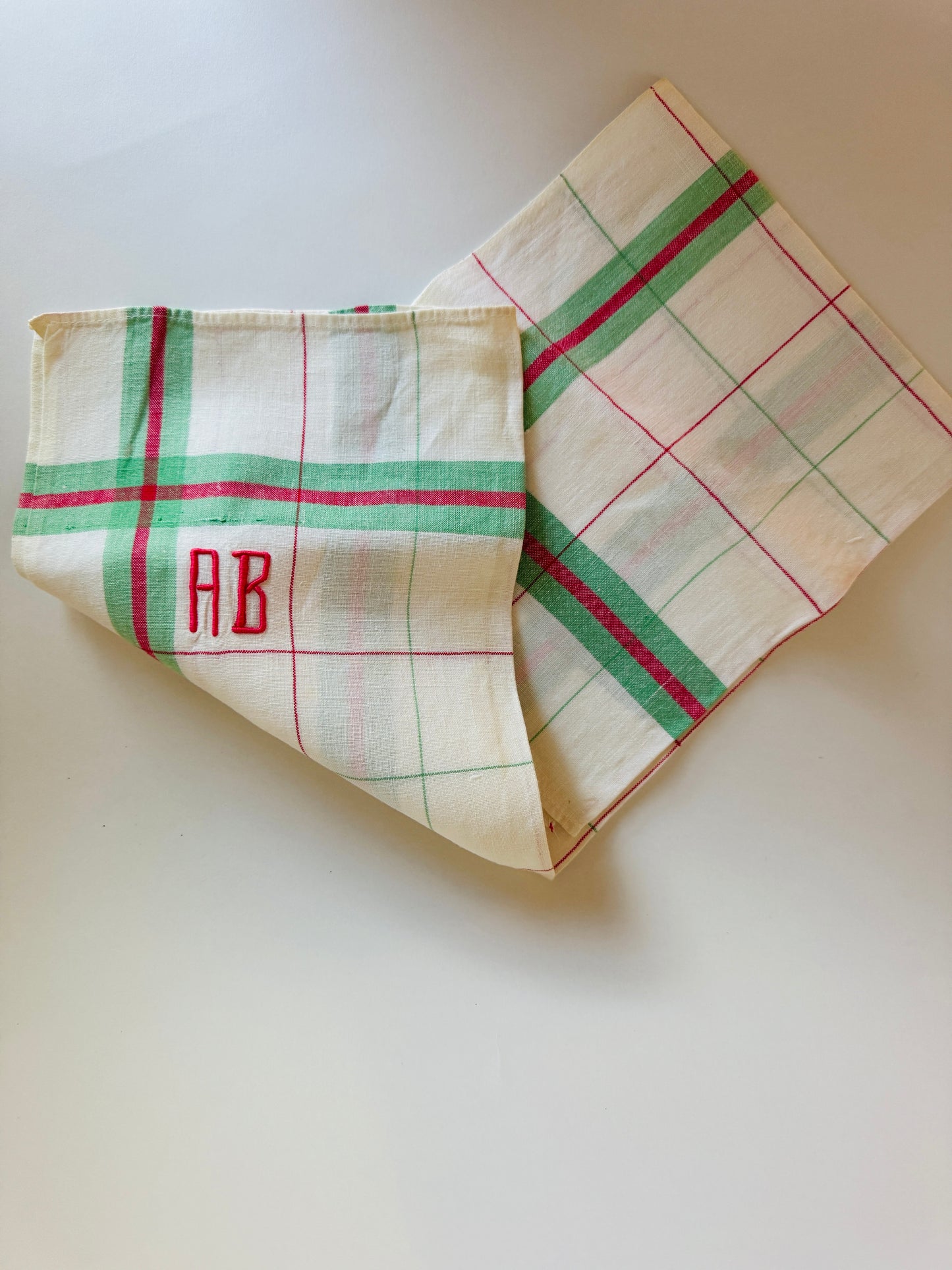 Vintage French Linen Tea Towel with Red and Green Plaid and "AB" Monogram