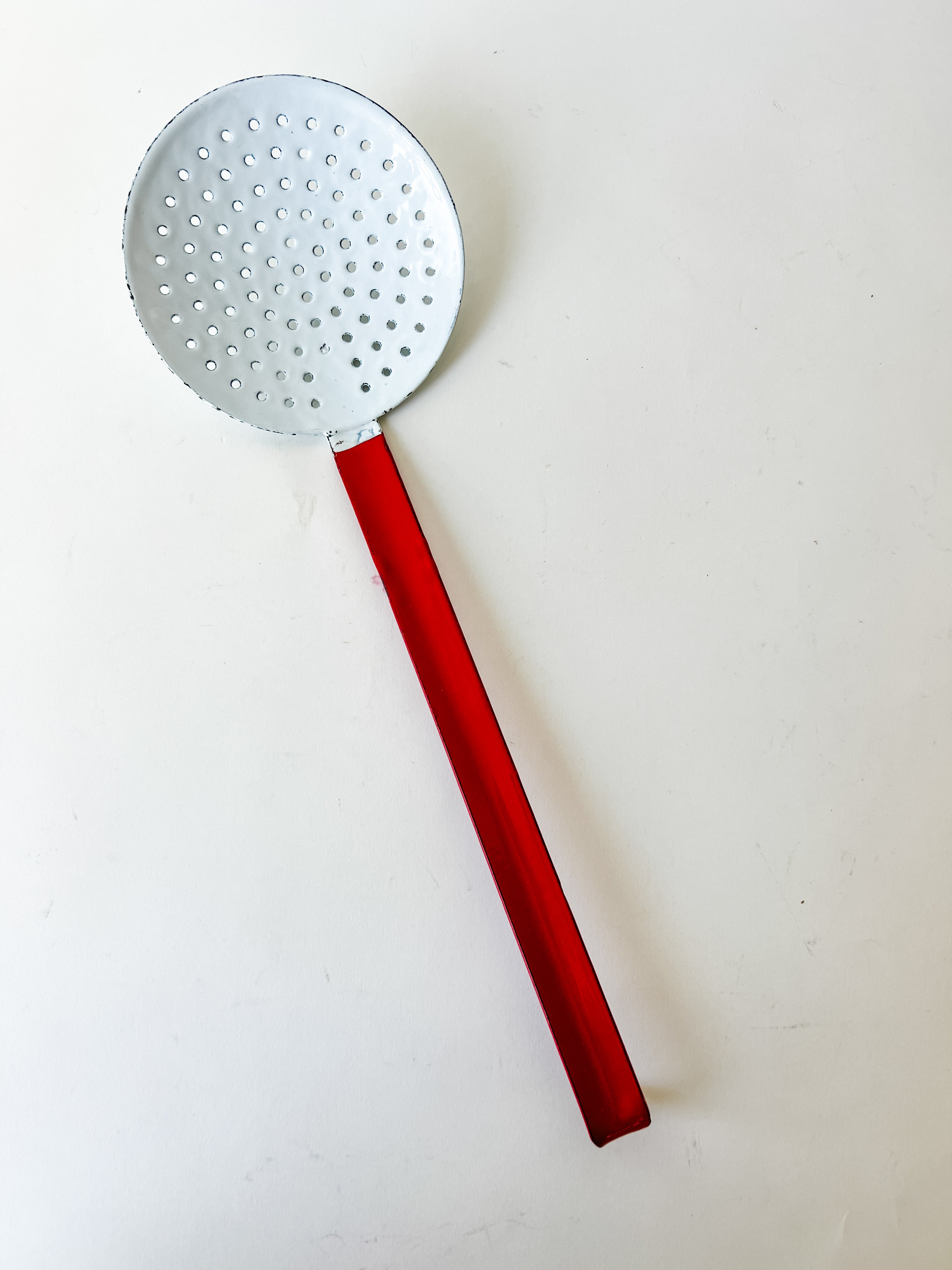 Vintage French Enamel Strainer/Skimmer (red handle and white strainer