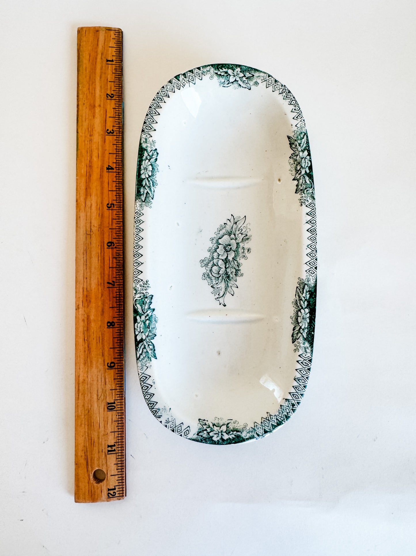 Large French Porcelain Soap Dish With Green Floral Pattern