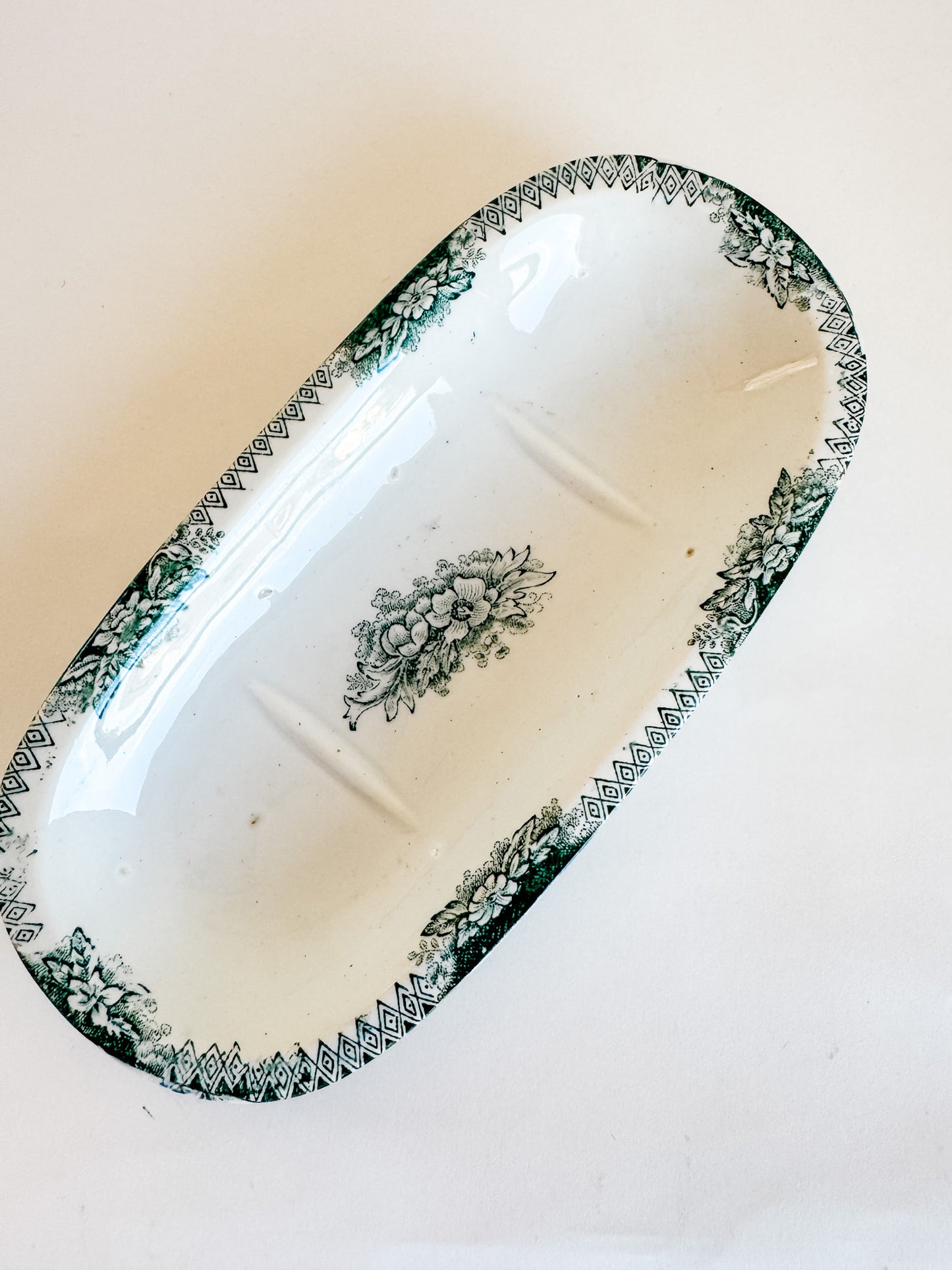 Large French Porcelain Soap Dish With Green Floral Pattern