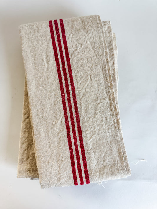 Vintage French Tea Towels - Cream With 3 Thick Red Stripes (sold individually)