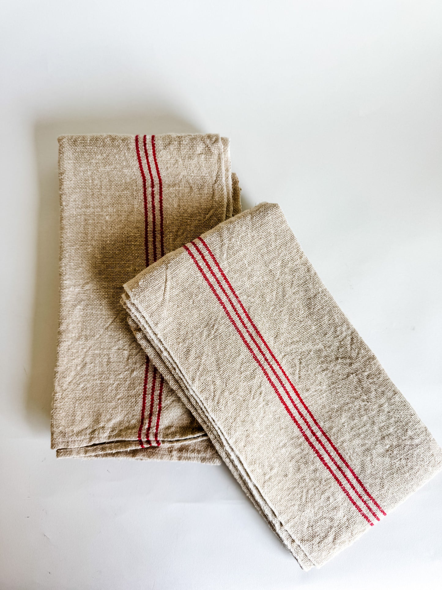 Vintage French Linen Tea Towels - Cream with 3 Thin Red Stripes (sold individually)