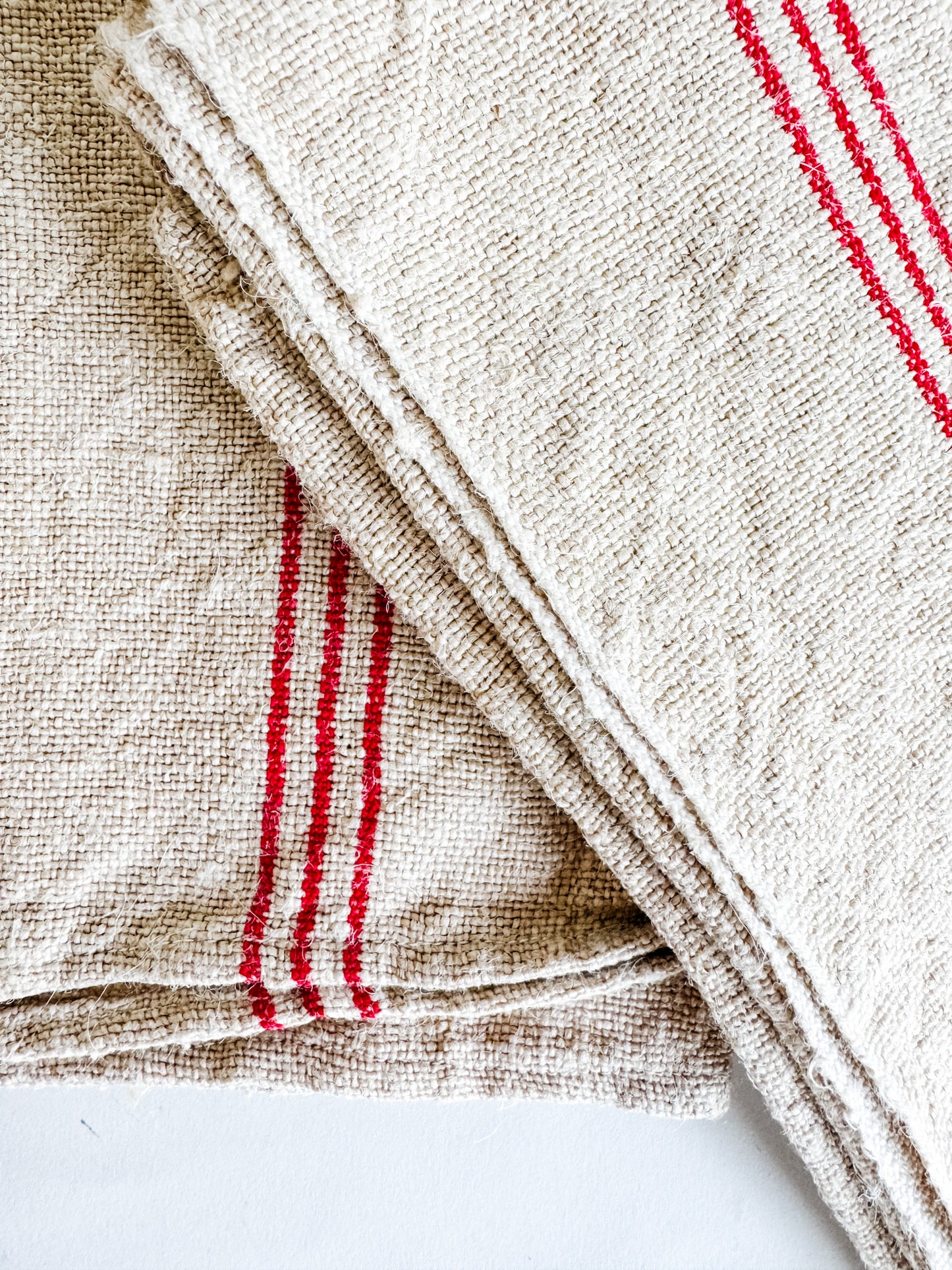 Vintage French Linen Tea Towels - Cream with 3 Thin Red Stripes (sold individually)