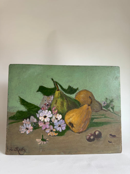 Vintage French Oil Painting With Pears and Flowers