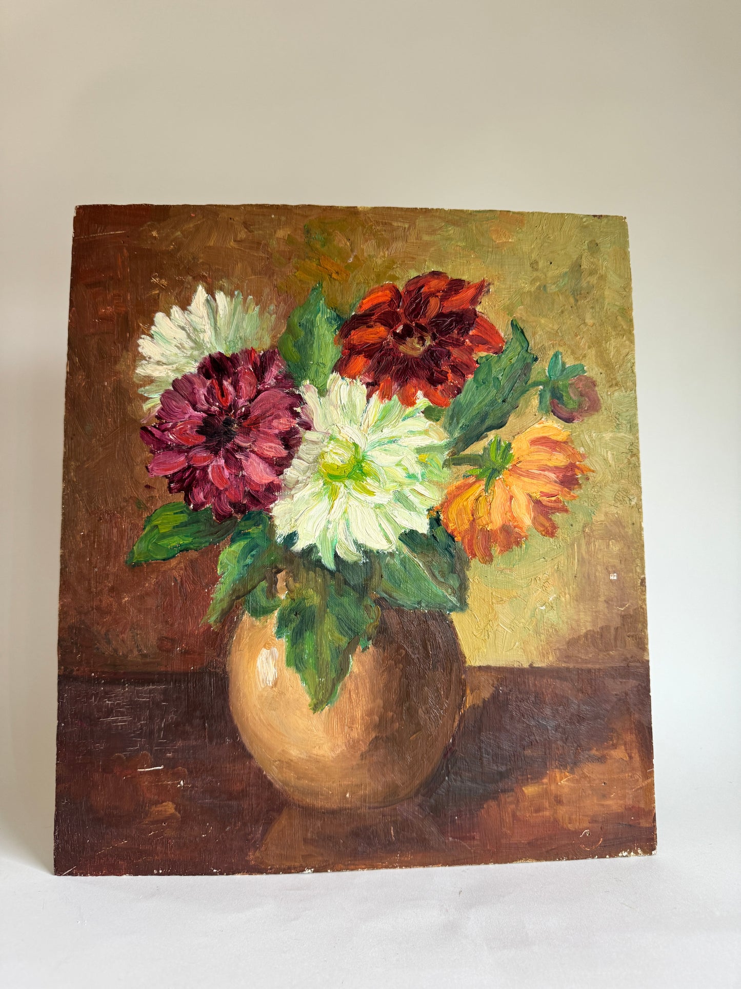 Vintage French Oil Panting of Dahlias in a Brown Vase