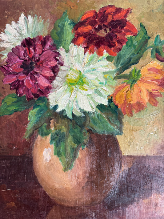 Vintage French Oil Panting of Dahlias in a Brown Vase