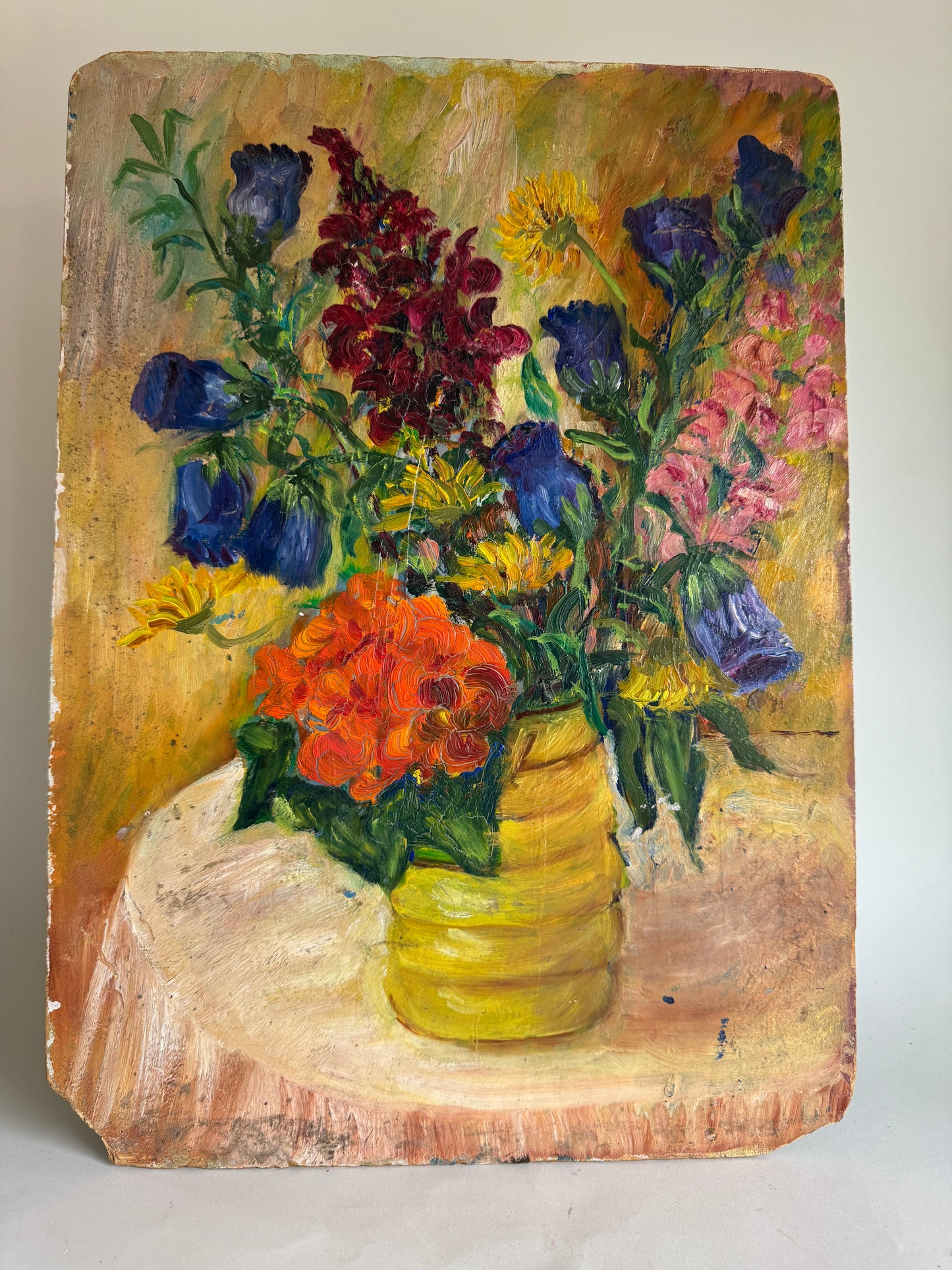 Vintage French Oil Painting of Flowers in Yellow Vase