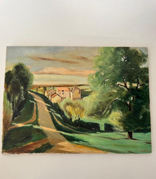 Original Oil Painting of Dirt Road Running Through a Small French Village