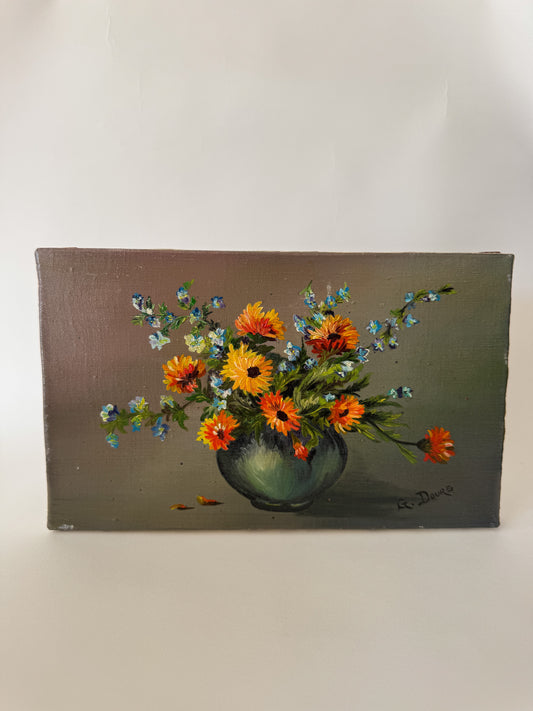 Small Oil Painting on Canvas With Yellow, Orange, and Blue Flowers in a Vase