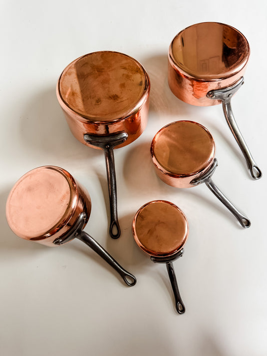 Set of 5 Vintage French Hammered Copper Pots