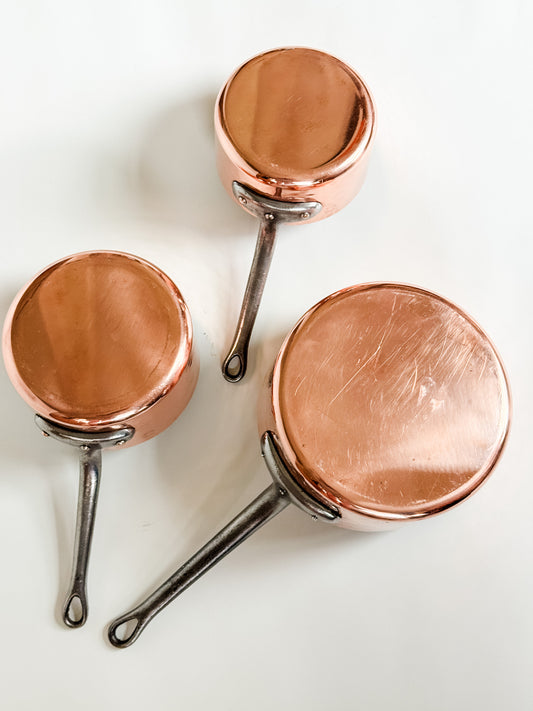 Set of 3 Vintage French Hammered Copper Pots