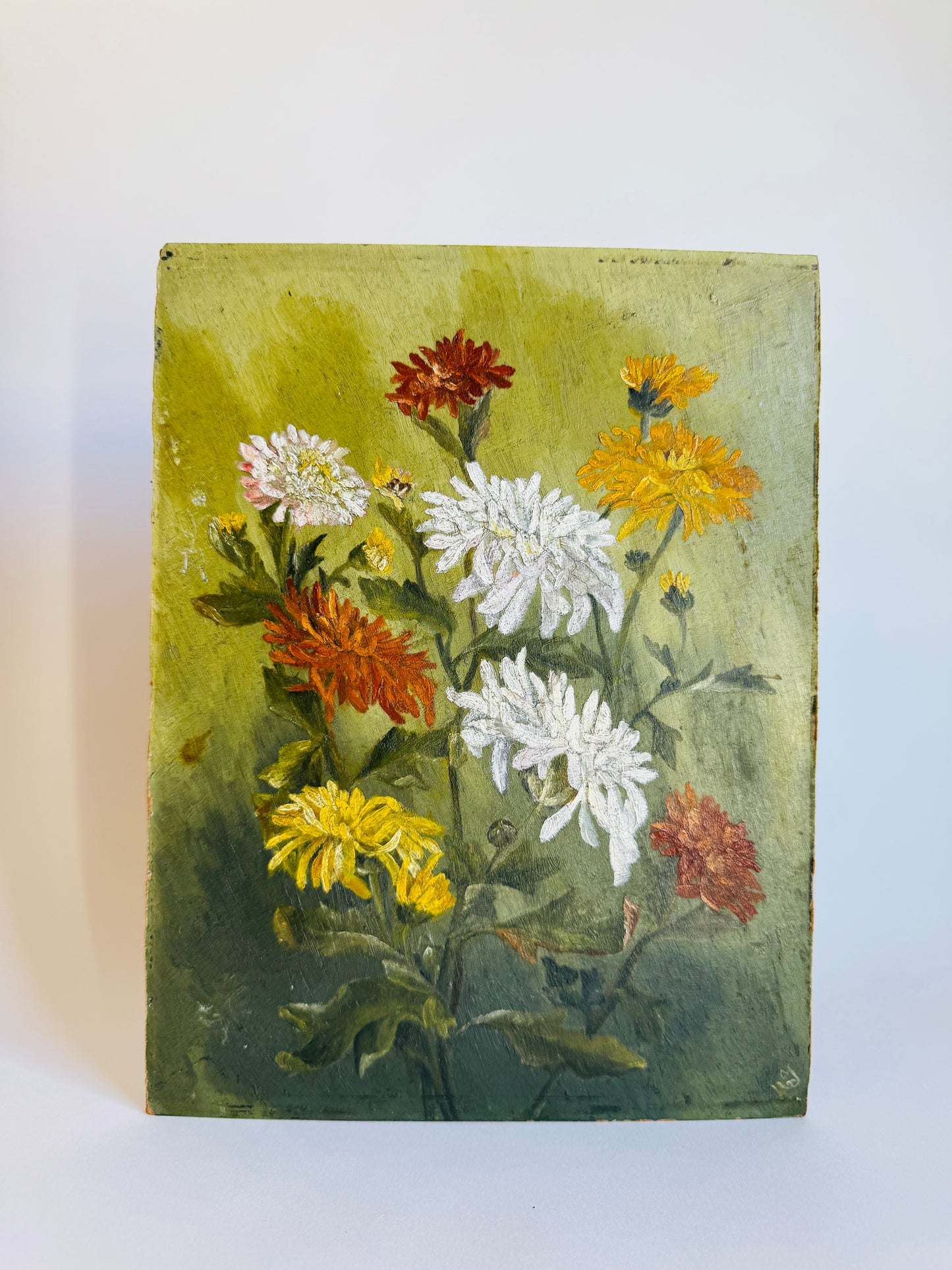 Small Antique French Oil Painting of Chrysanthemums, Signed