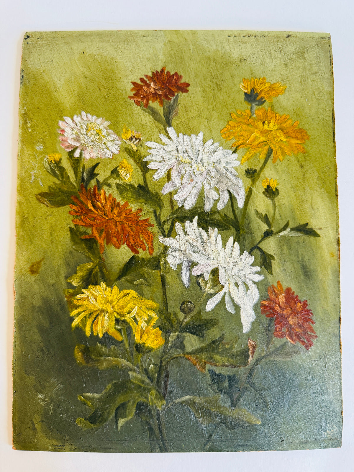 Small Antique French Oil Painting of Chrysanthemums, Signed