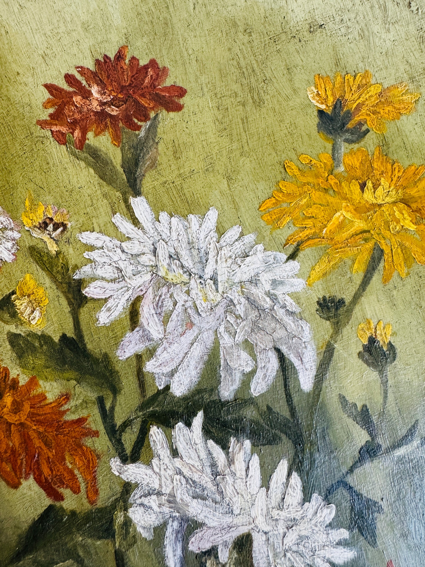 Small Antique French Oil Painting of Chrysanthemums, Signed