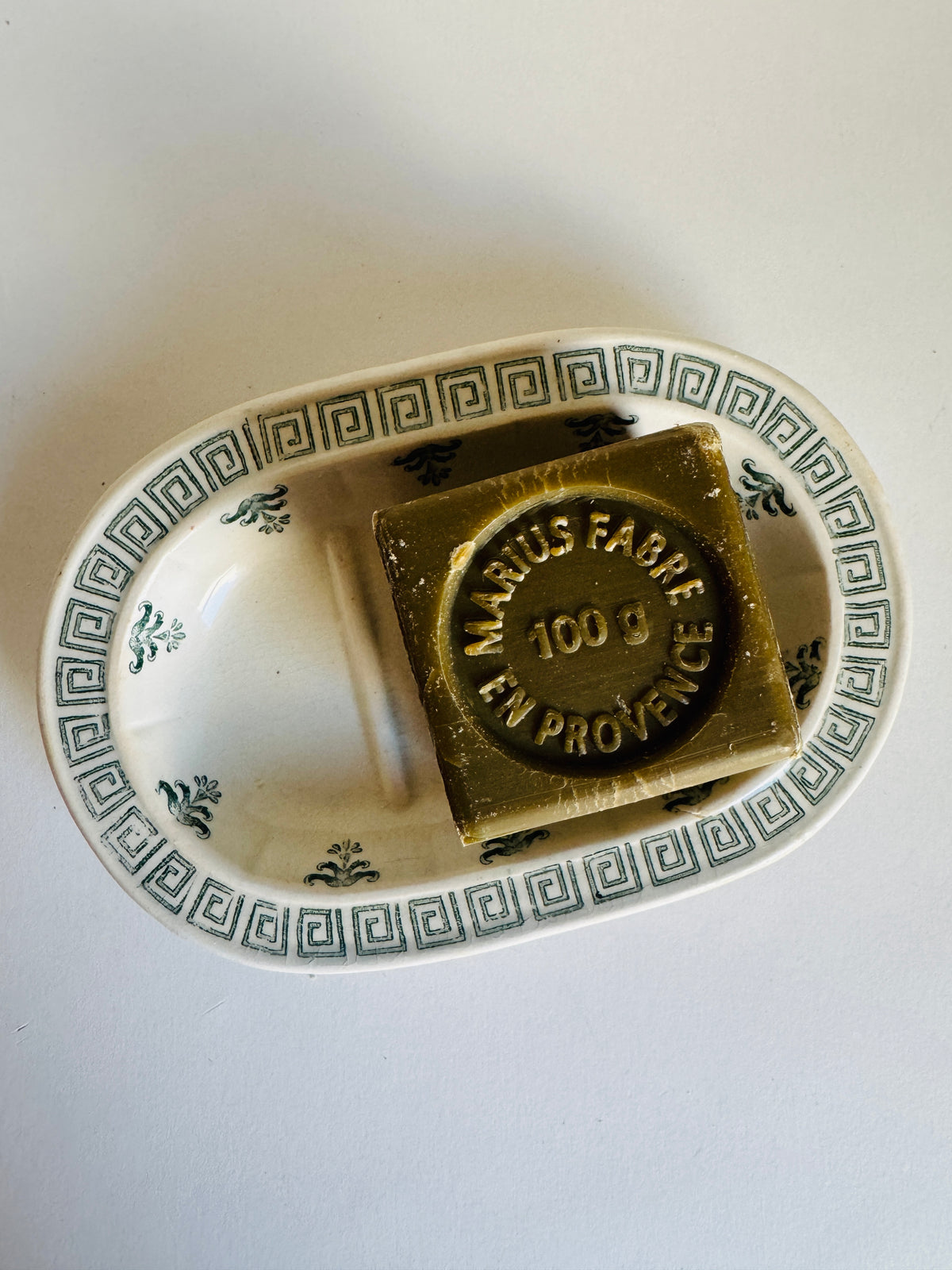 Vintage French Ironstone Divided Soap Dish with Greek Key Border (does not include soap)