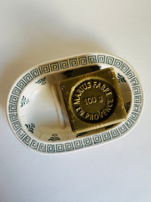 Vintage French Ironstone Divided Soap Dish with Greek Key Border (does not include soap)