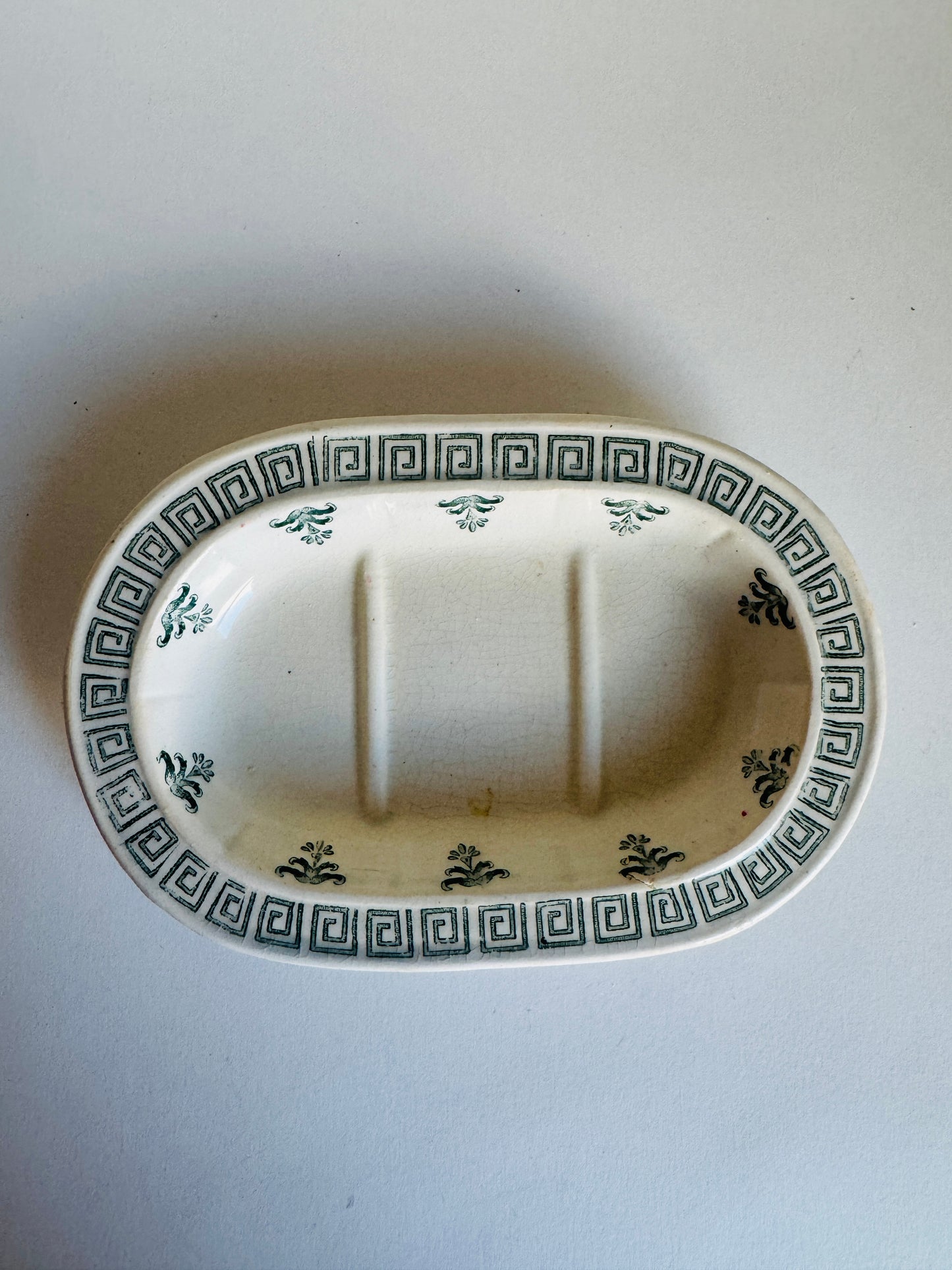 Vintage French Ironstone Divided Soap Dish with Greek Key Border (does not include soap)