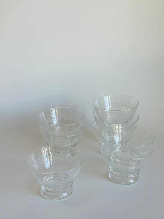 Vintage French Etched Glass Footed Dessert Bowls (set of 8)