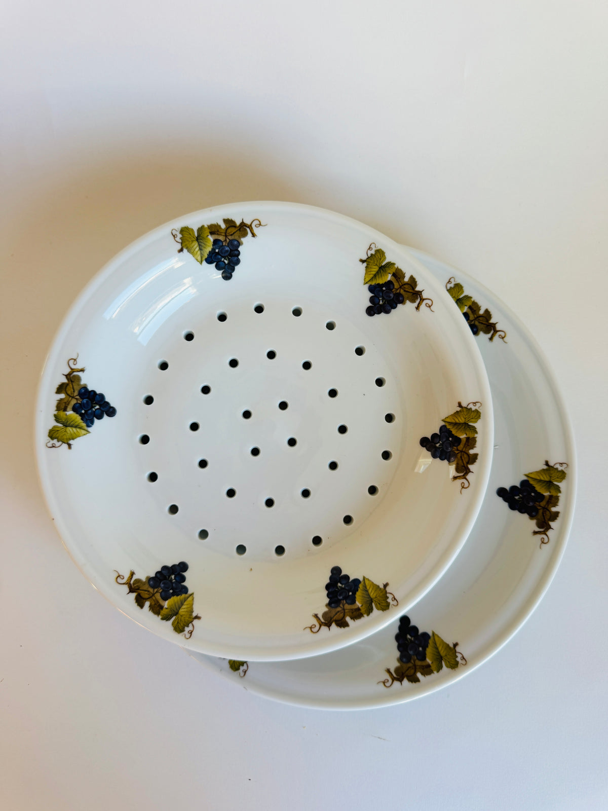 Vintage Porcelain Grape/Berry Strainer Dish with Underplate