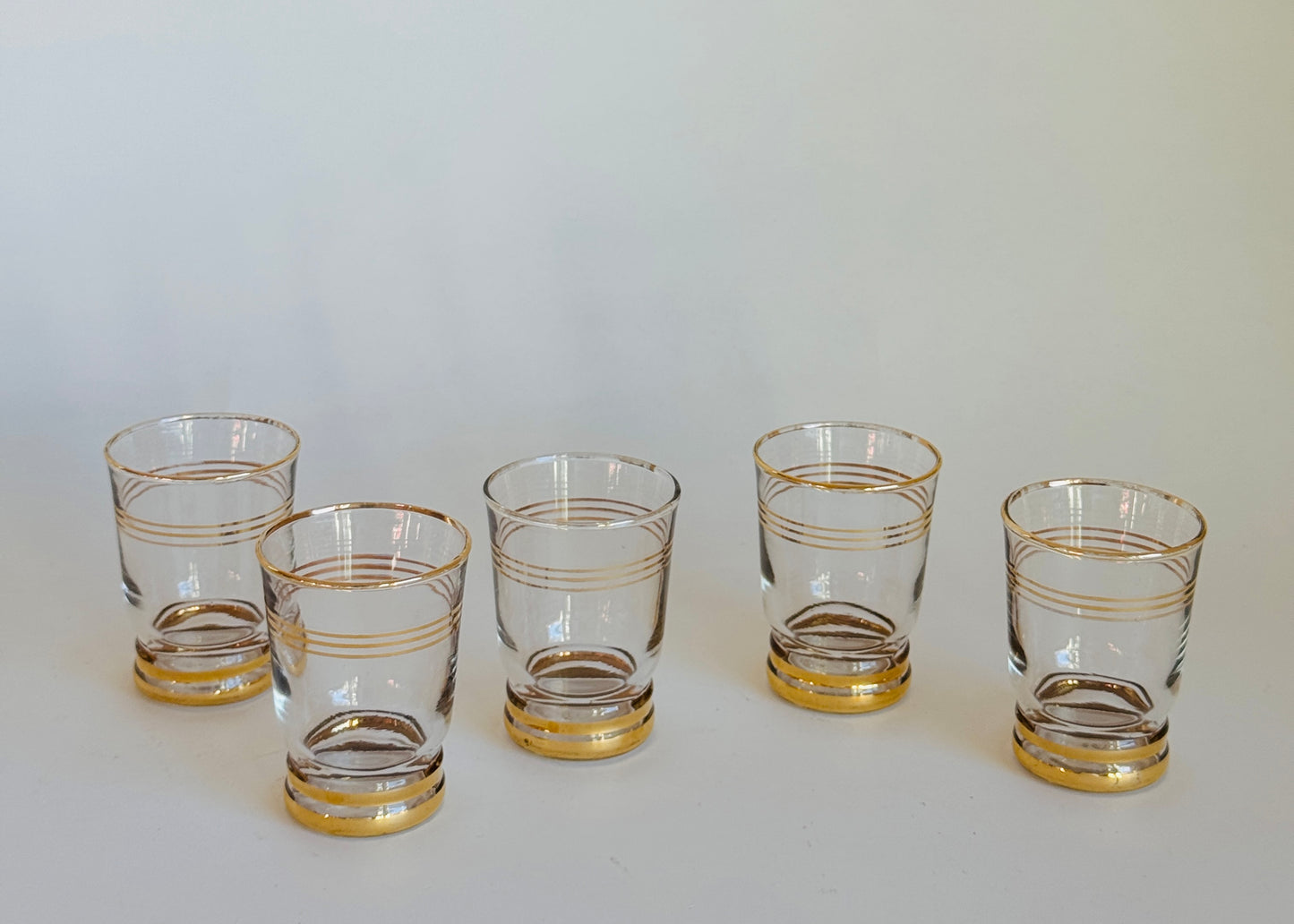 Small French Liqueur Glasses with Gold Stripes and Rim (set of 5)