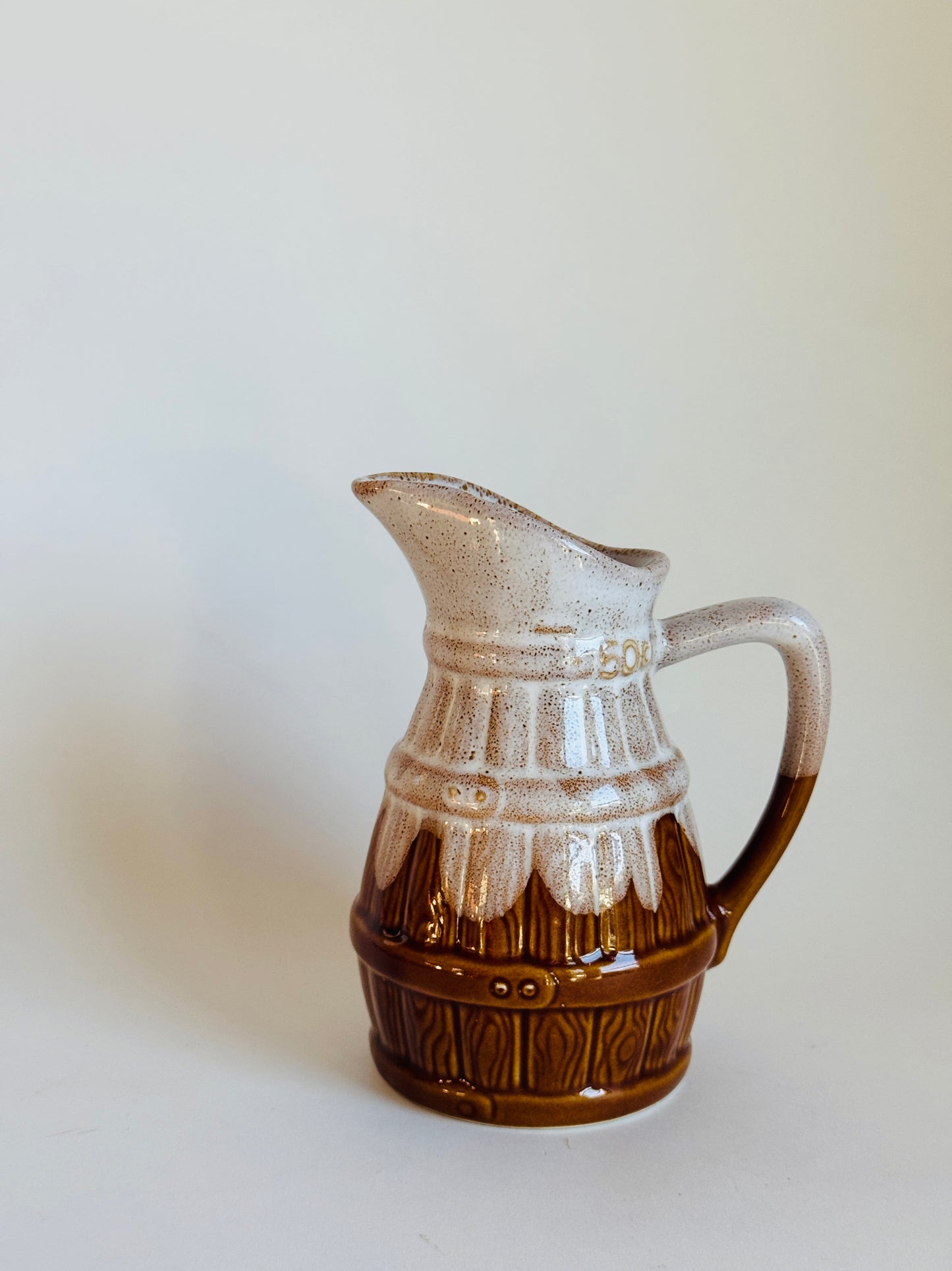 Vintage French Faux Barrel Stoneware Pitcher