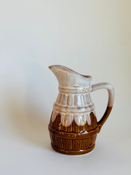 Vintage French Faux Barrel Stoneware Pitcher
