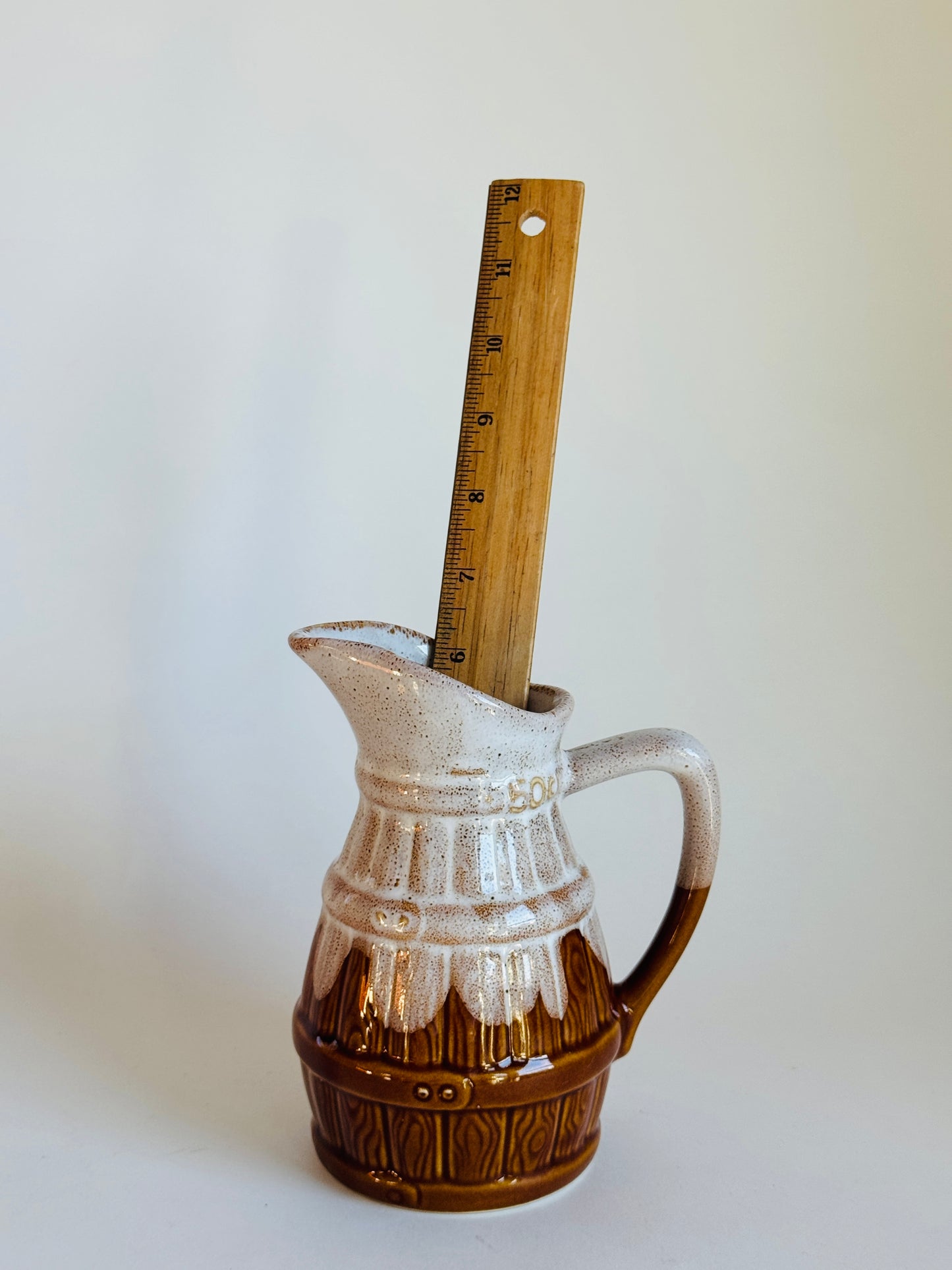 Vintage French Faux Barrel Stoneware Pitcher