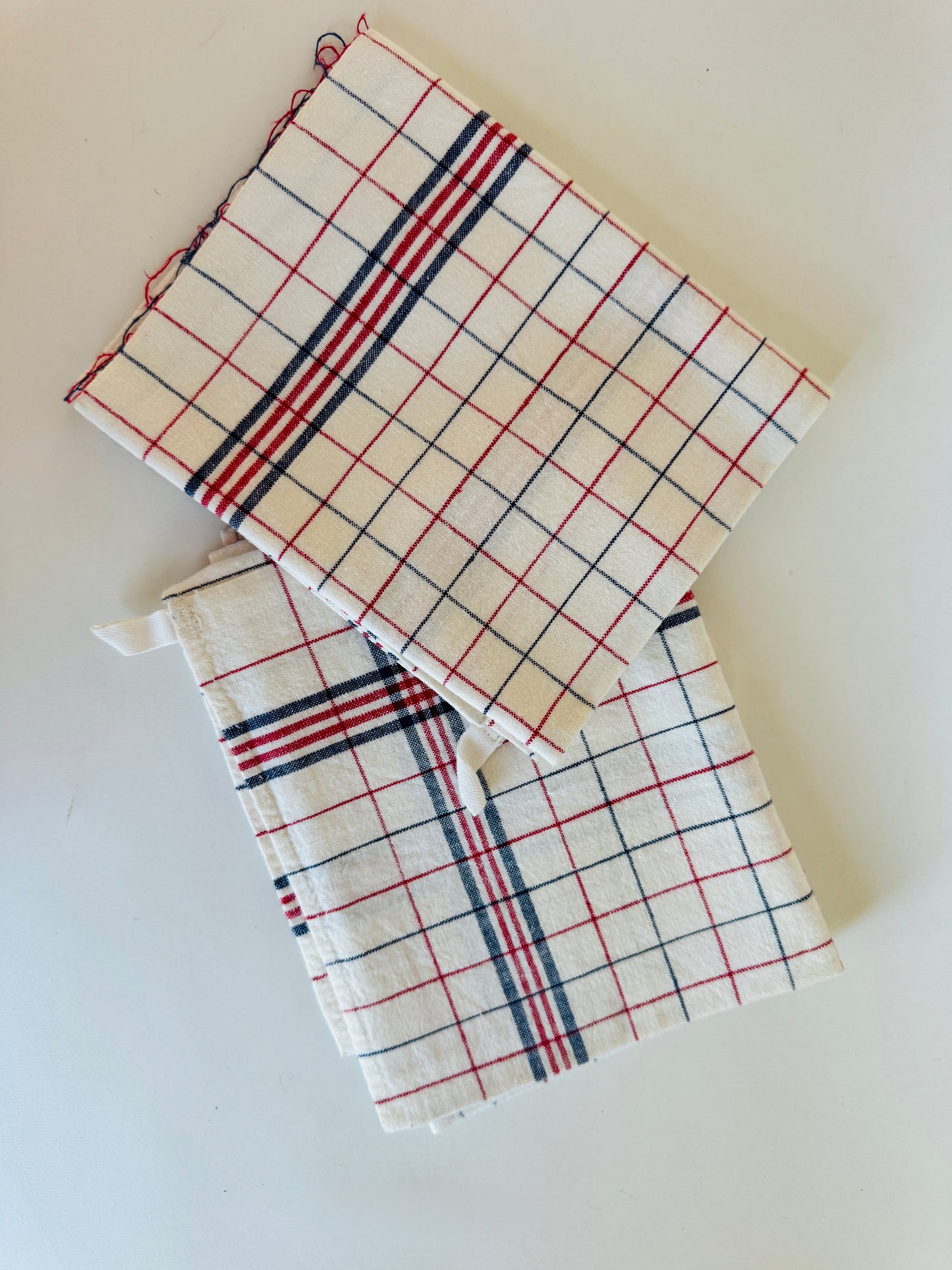 Vintage French Towels with Red and Navy Windowpane Check  (set of 2)