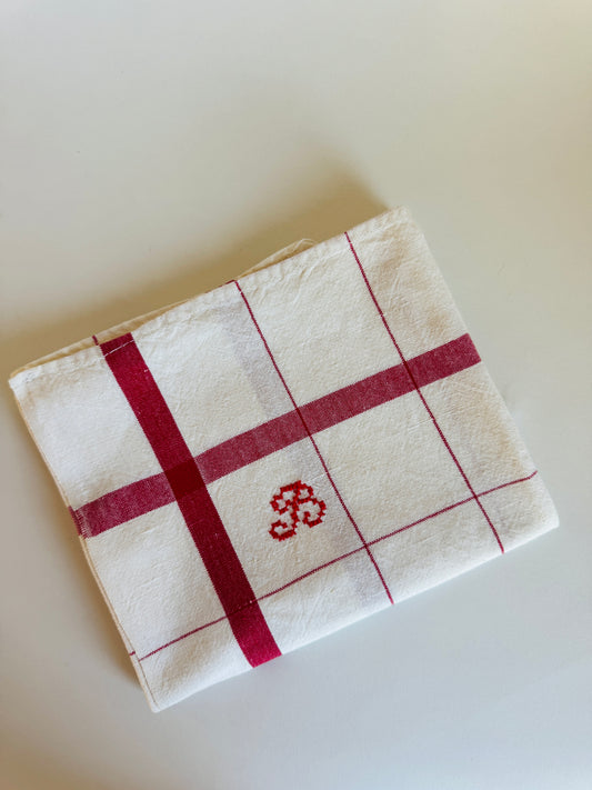 Vintage French Monogrammed Red Tea Towel