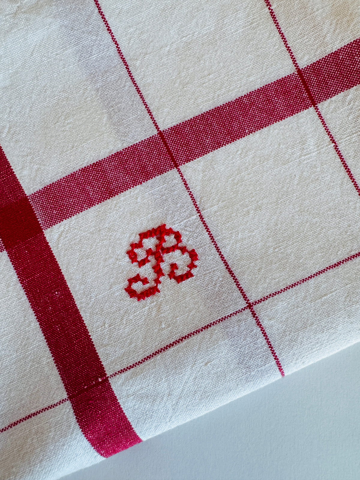 Vintage French Monogrammed Red Tea Towel