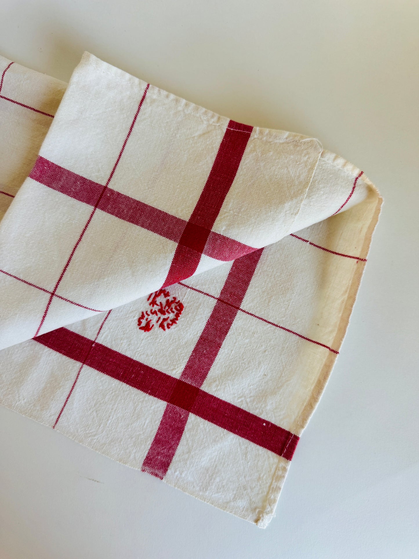 Vintage French Monogrammed Red Tea Towel