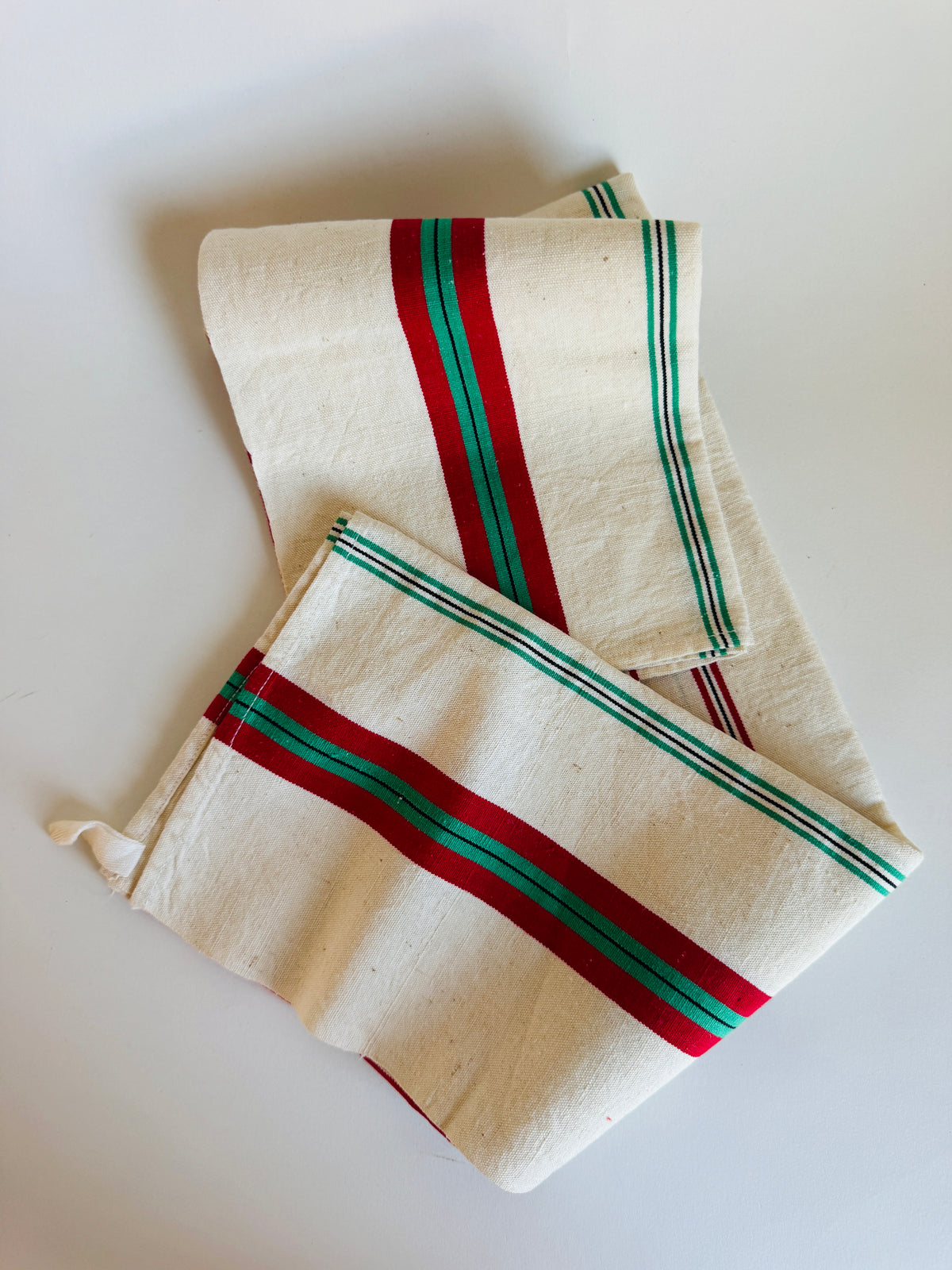 Vintage French Tea Towel with Red and Green Double Stripe (sold individually)