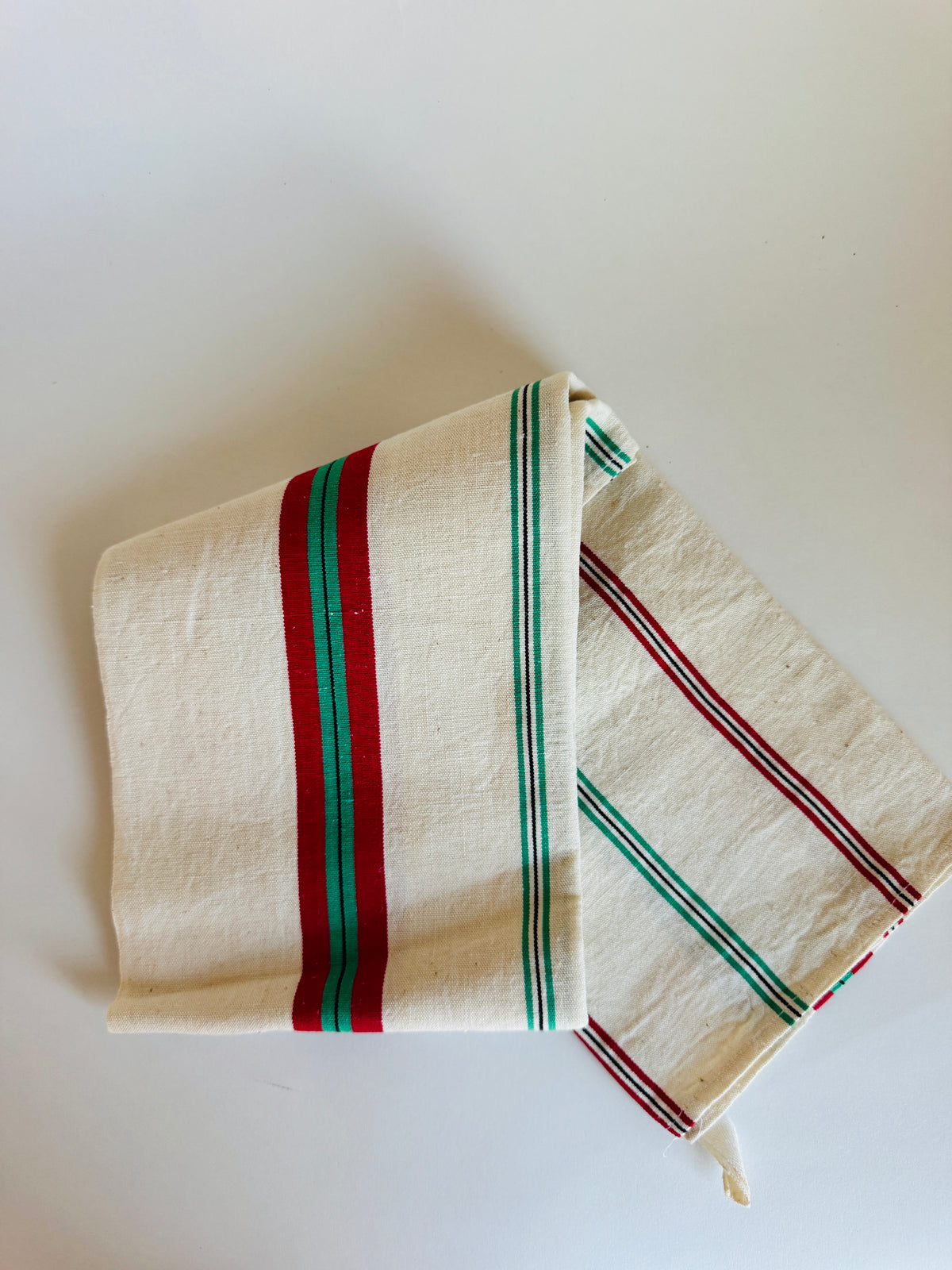 Vintage French Tea Towel with Red and Green Double Stripe (sold individually)