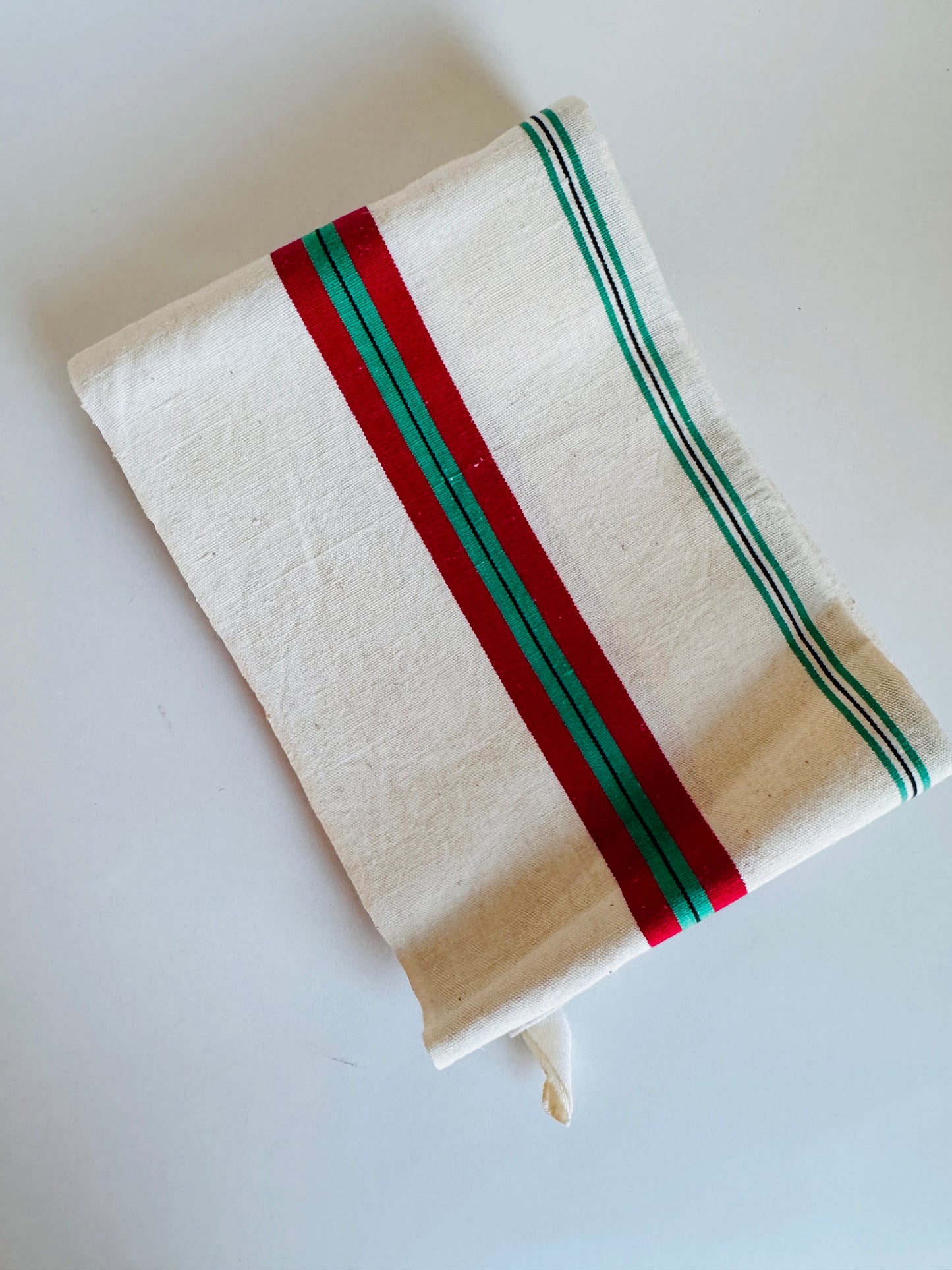 Vintage French Tea Towel with Red and Green Double Stripe (sold individually)