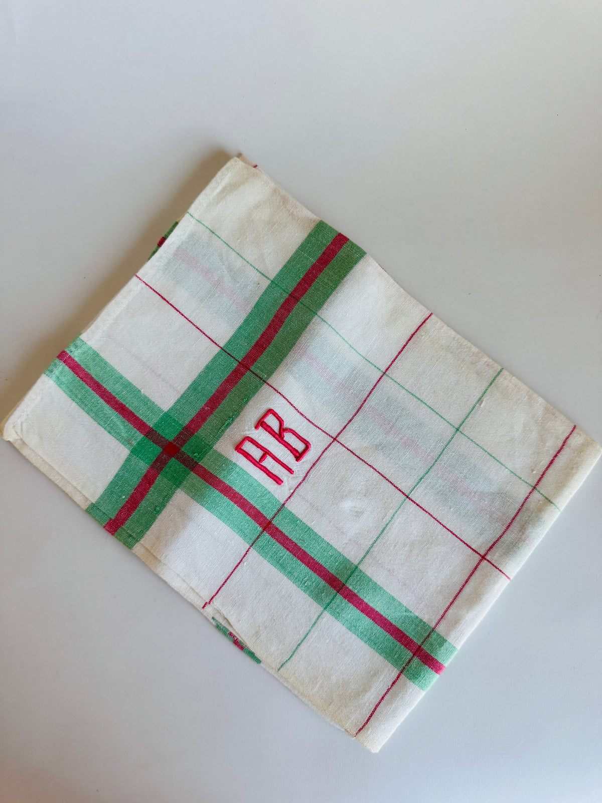 Vintage French Linen Tea Towel with Red and Green Plaid and "AB" Monogram