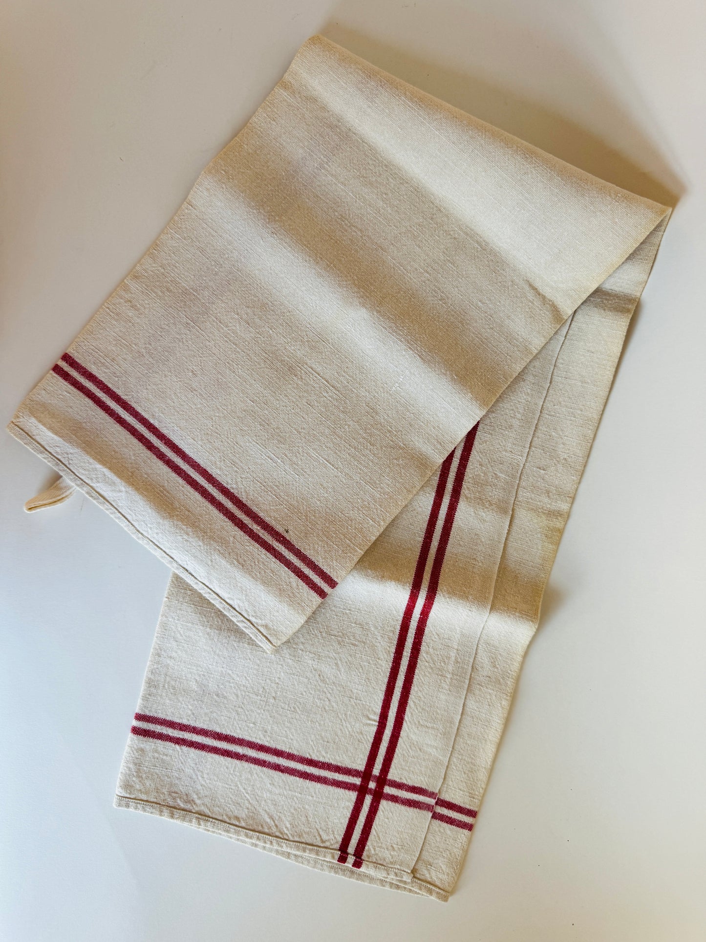 Vintage French Tea Towel with Horizontal and Vertical Red Stripes