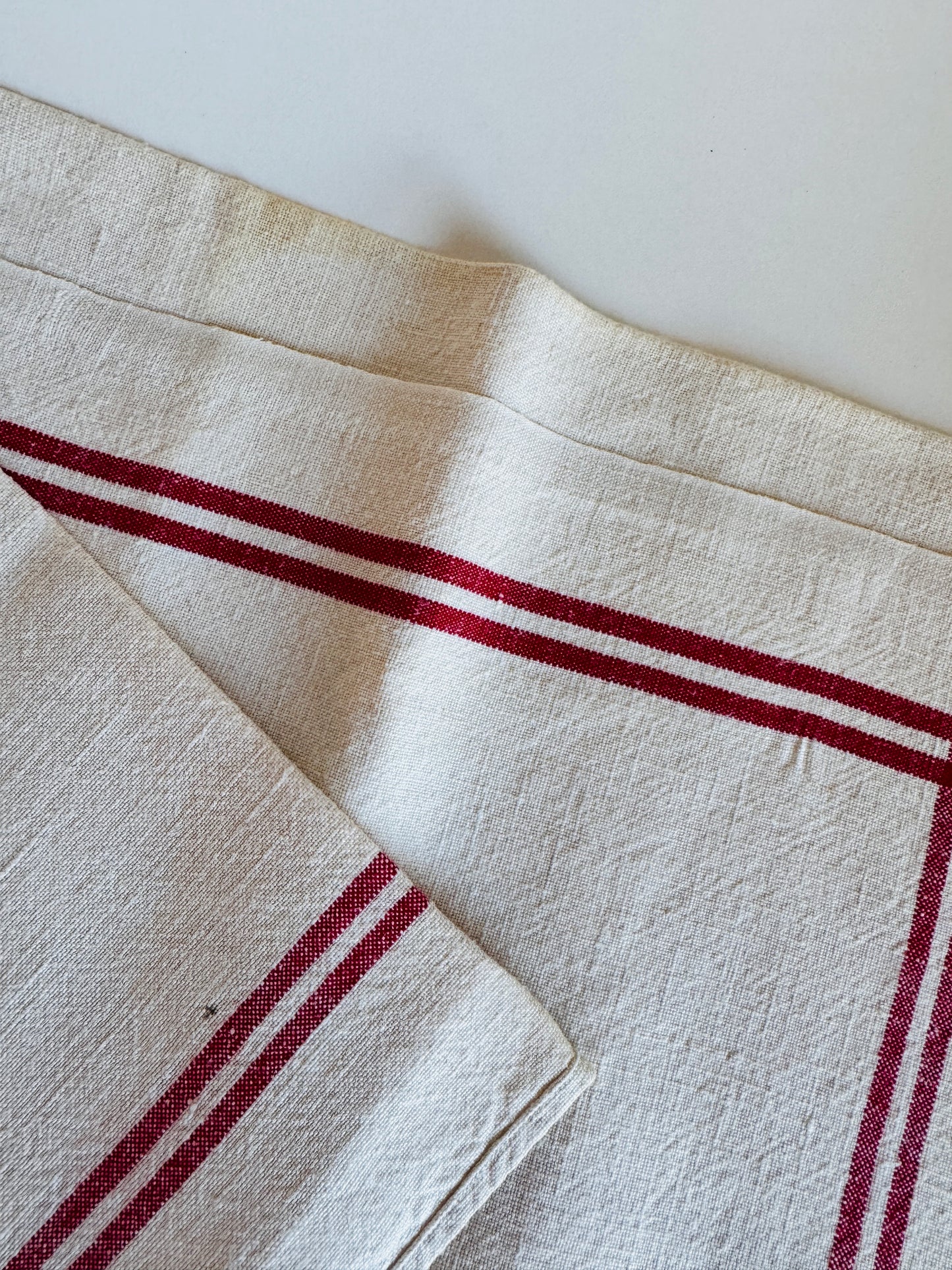Vintage French Tea Towel with Horizontal and Vertical Red Stripes