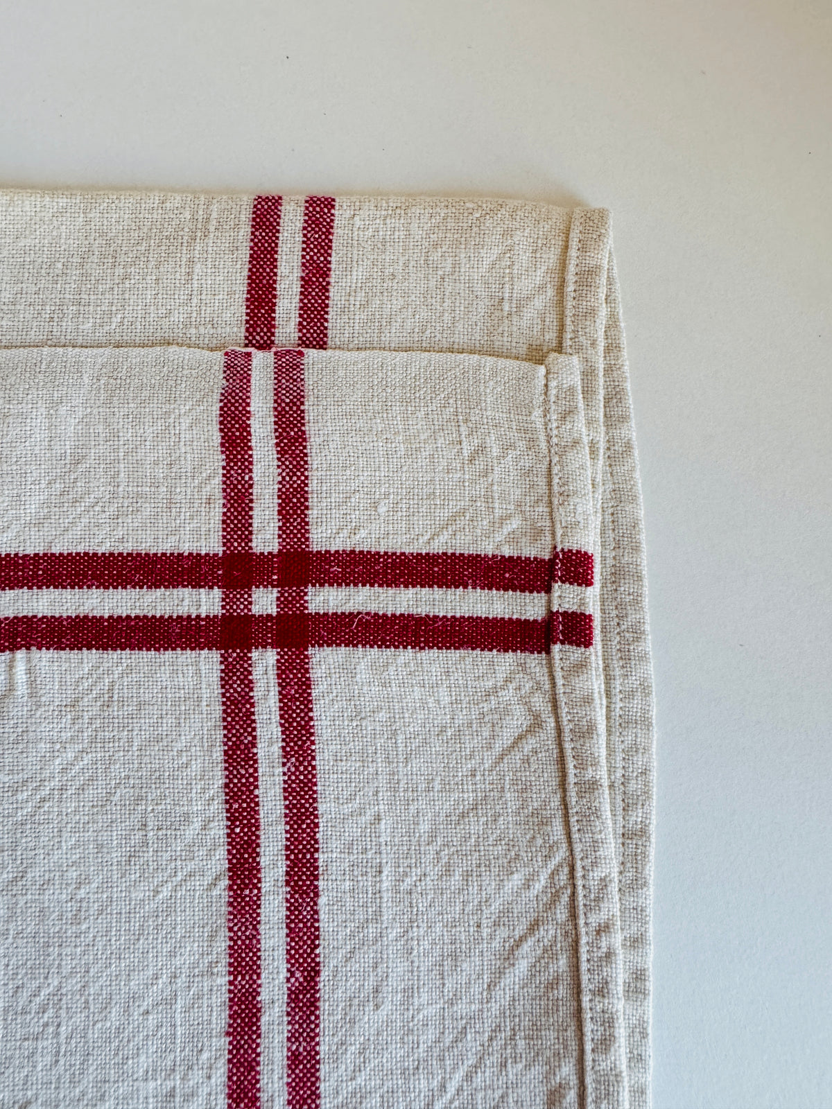 Vintage French Tea Towel with Horizontal and Vertical Red Stripes