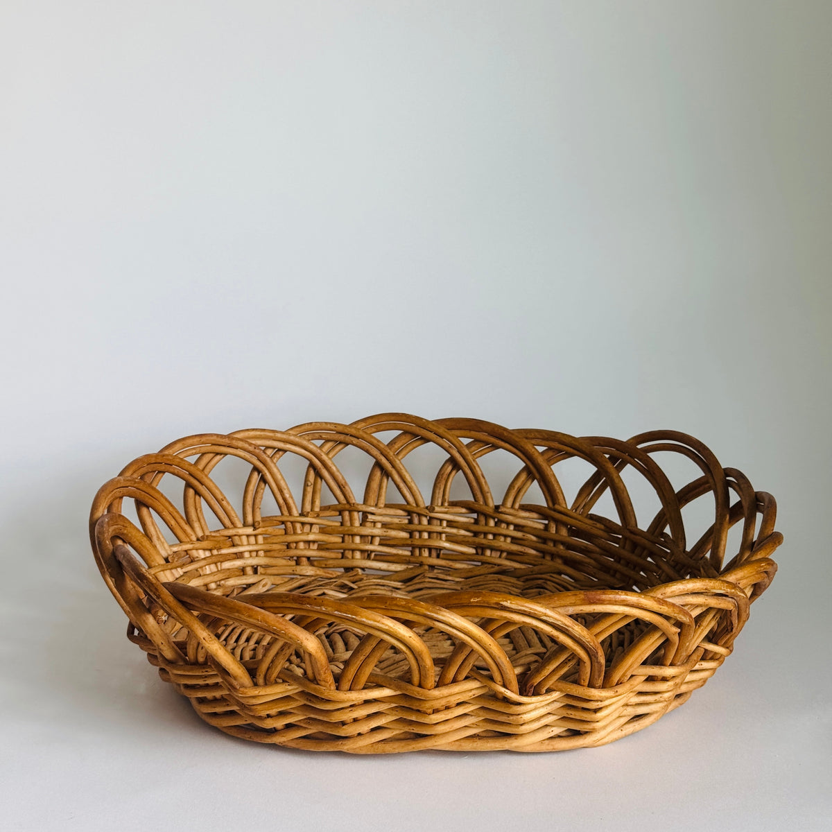 Vintage French Woven Wicker Bread Basket with Scalloped Rim (oval)