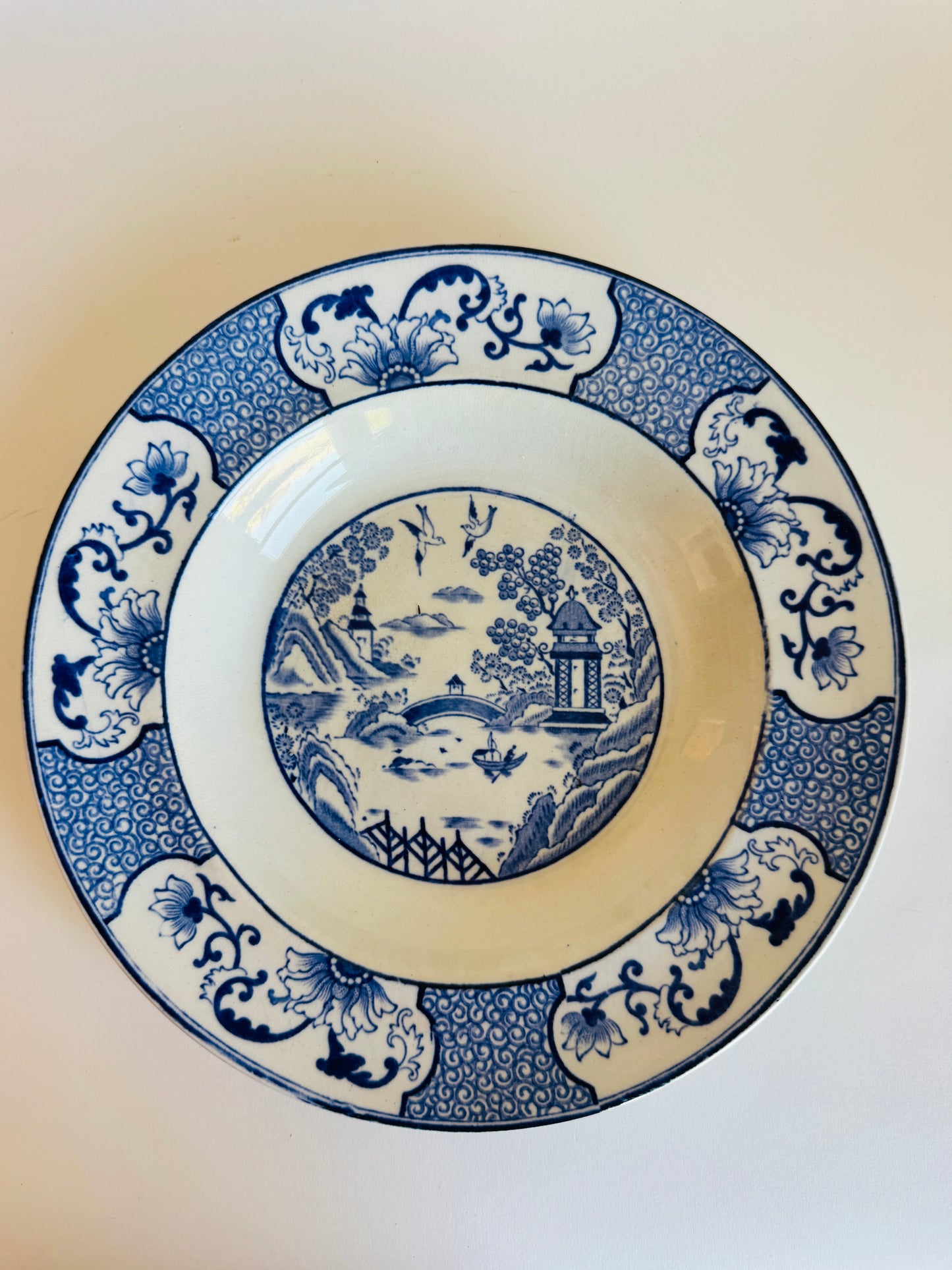 Vintage English Blue and White Chinoiserie Rimmed Bowl