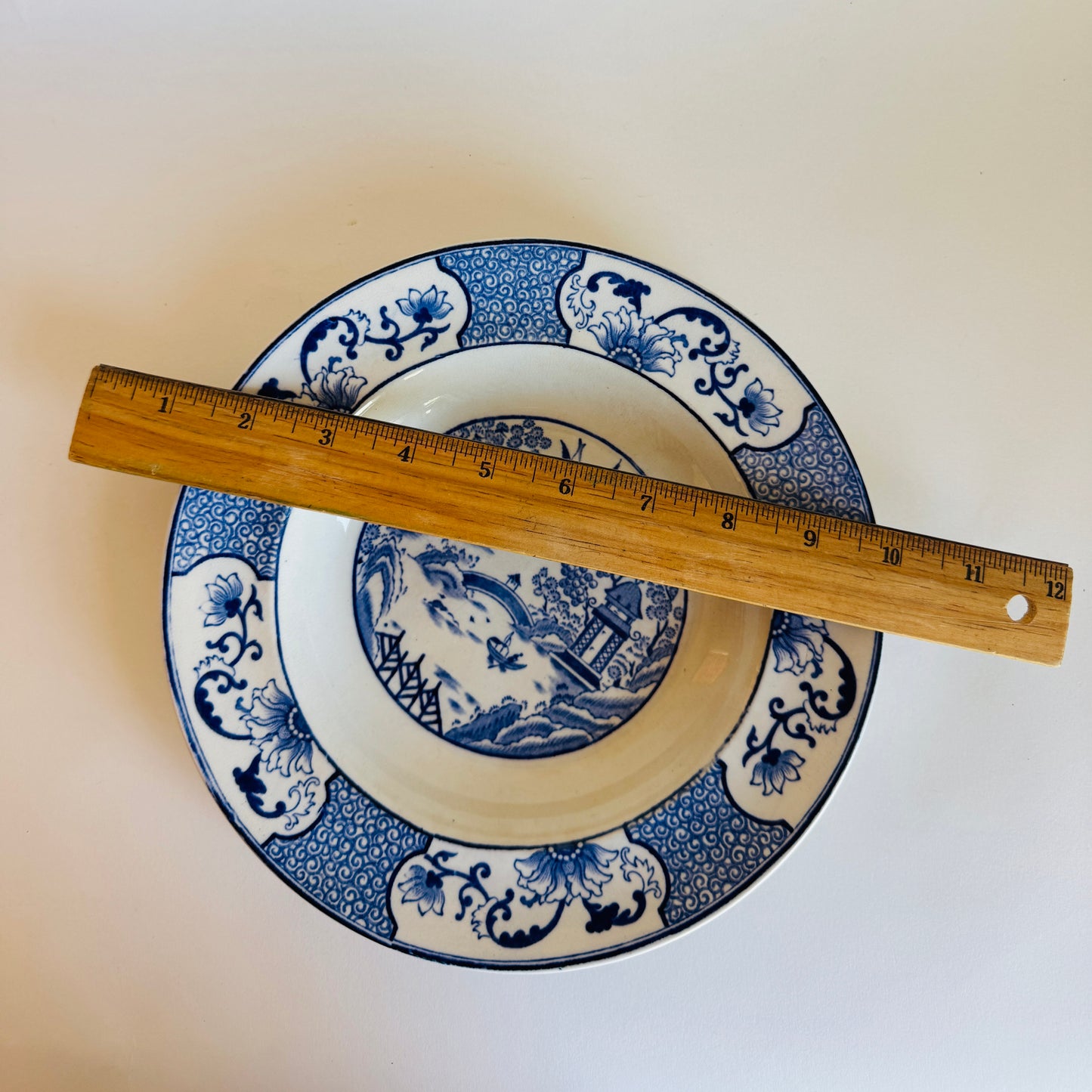 Vintage English Blue and White Chinoiserie Rimmed Bowl
