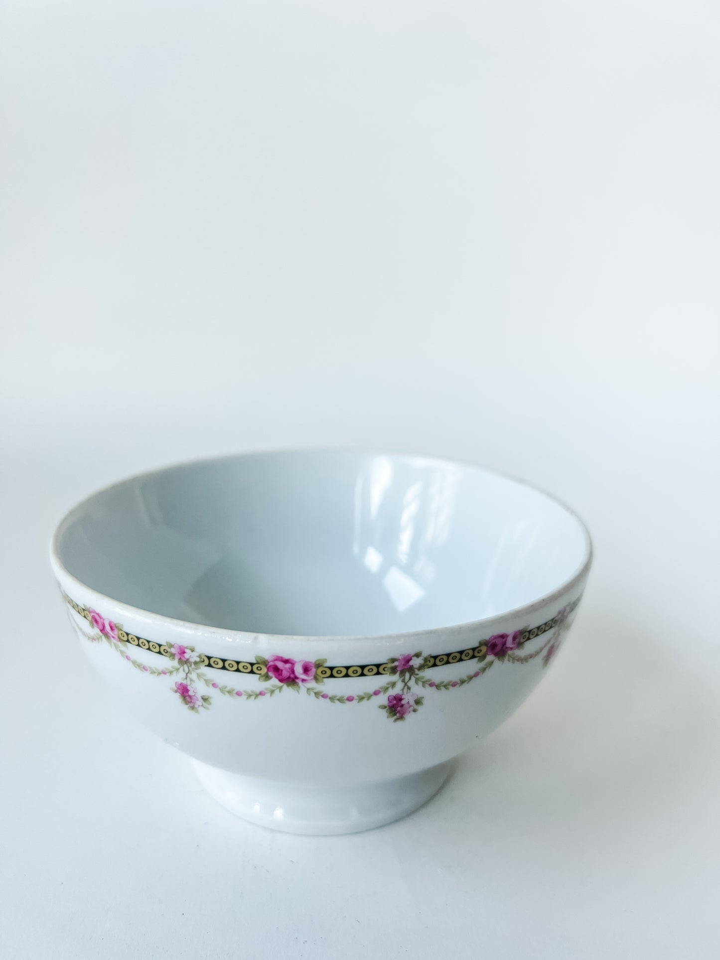 French Cafe Au Lait Bowl With Pink Flowers on the Rim