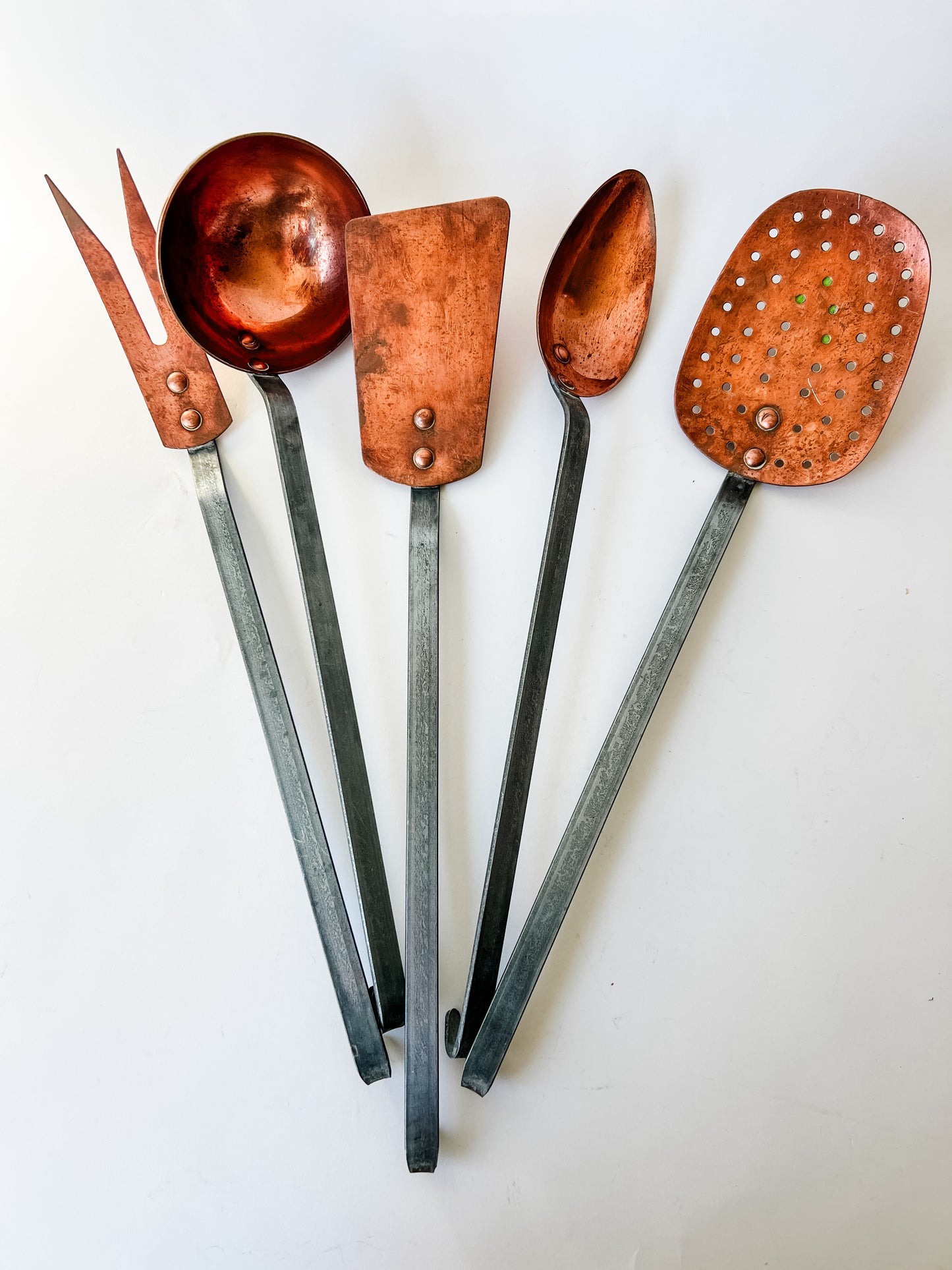 Vintage French XL Copper Utensils - 5 Piece Set
