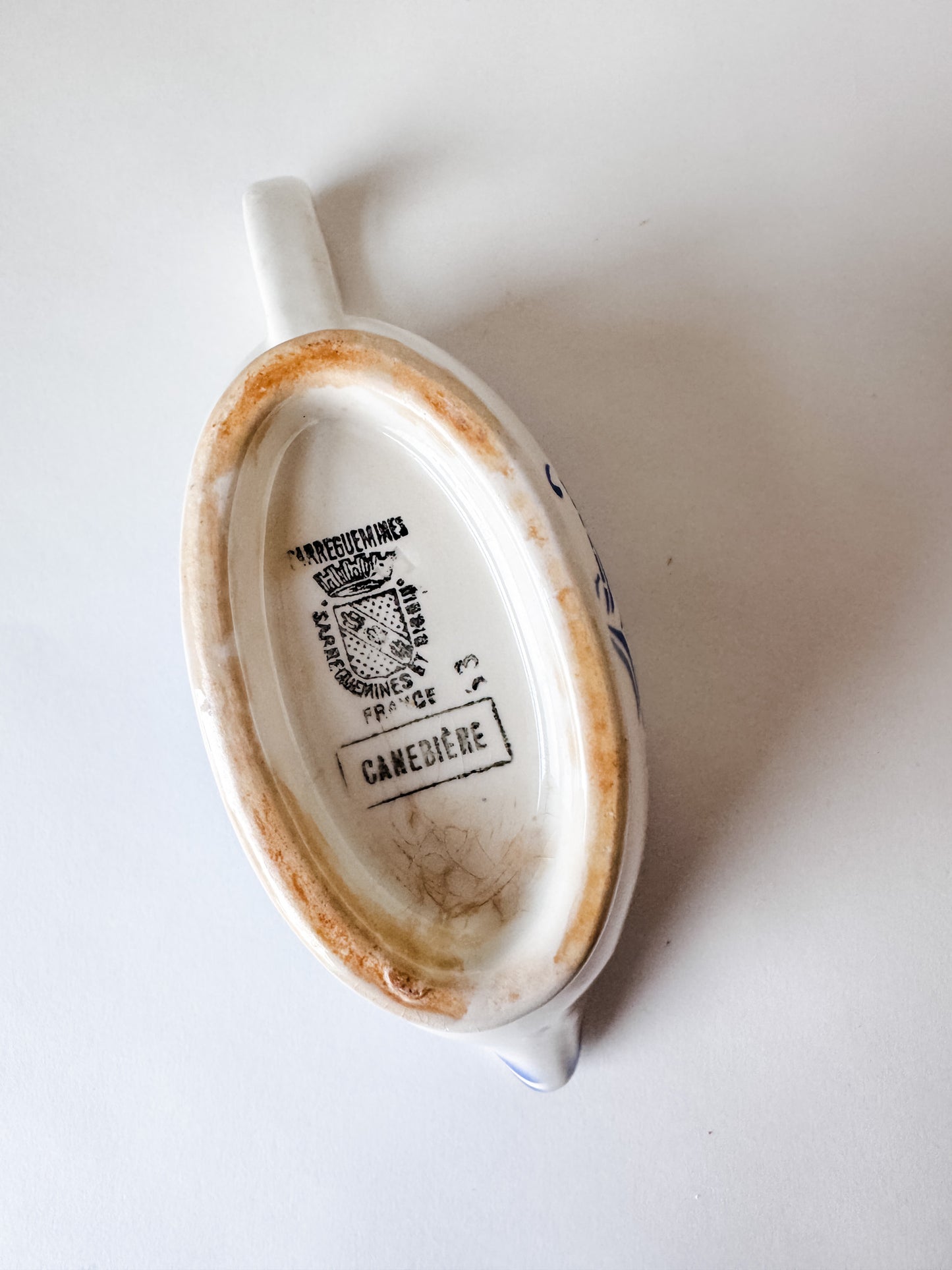 French Sarreguemines Porcelain Sauce Server Stamped Canebiére on Bottom