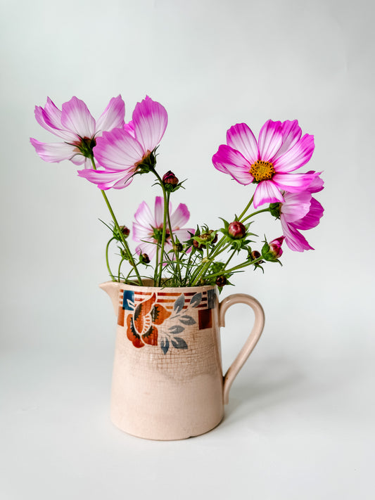 Small Pitcher With Blue and Rust Flowers and Rust Stripes