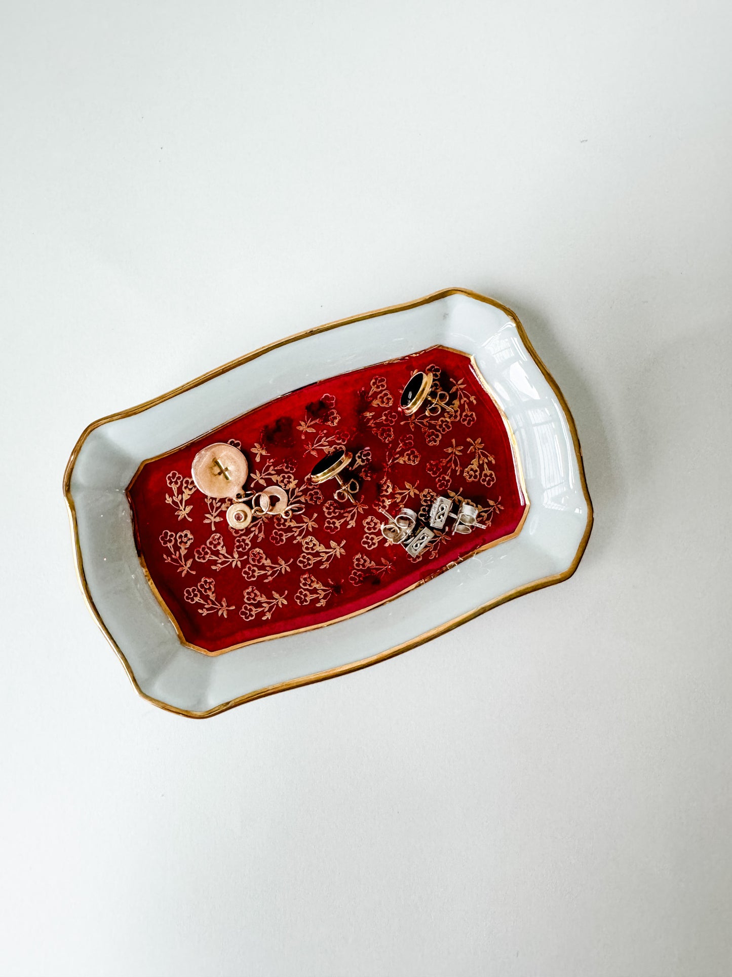 Tiny Dish/Ashtray With Burgundy and Gold Flower Design